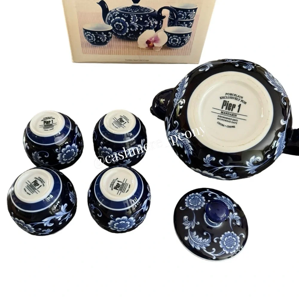 NIB Pier 1‎ Vintage Mandarin Porcelain Cobalt Blue Tea Set-Teapot and 4 Cups